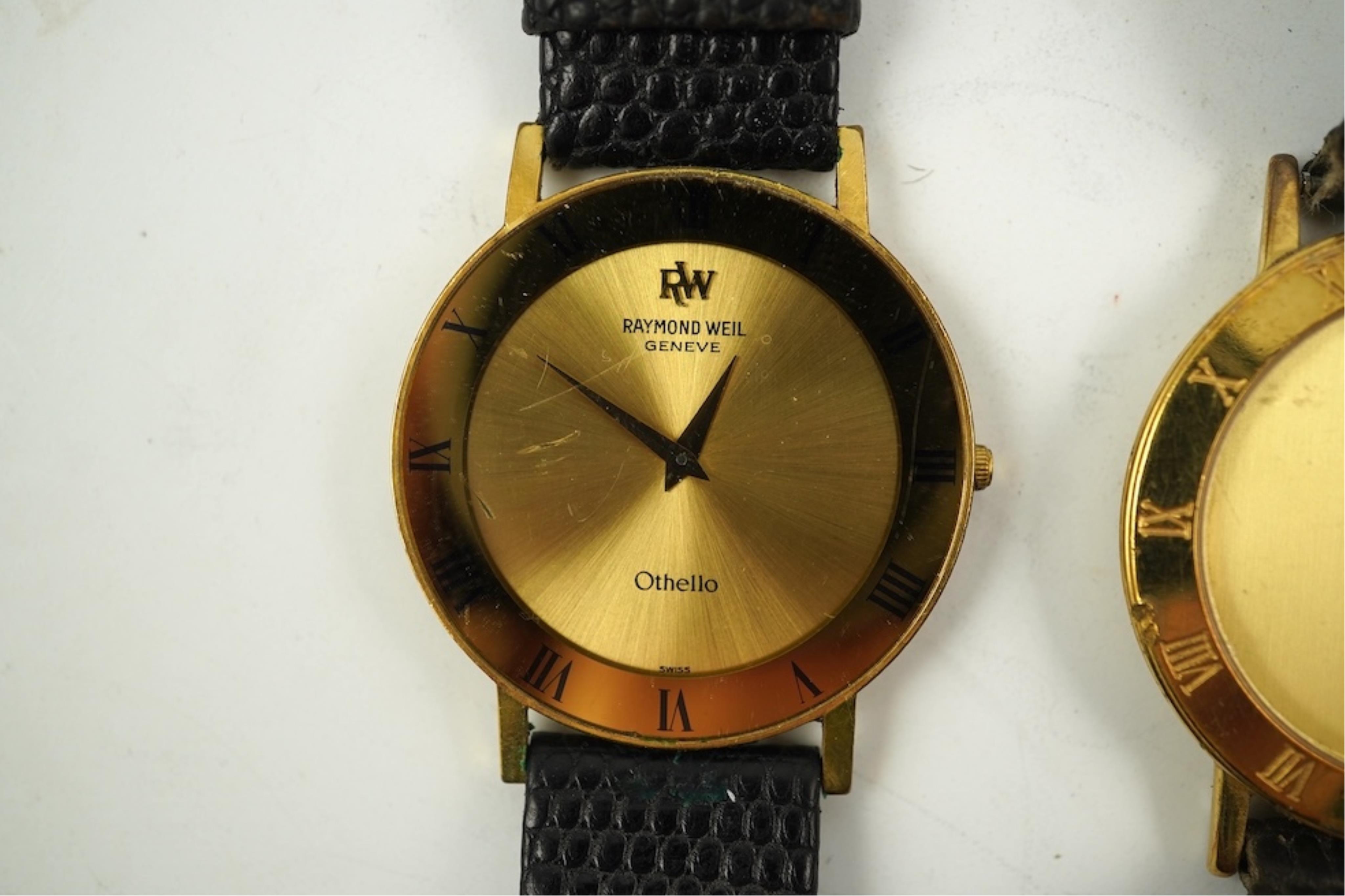 A gentleman's recent 18k gold electro-plated Raymond Weil quartz dress wrist watch, case diameter 33mm and a similar Gucci quartz dress wrist watch.